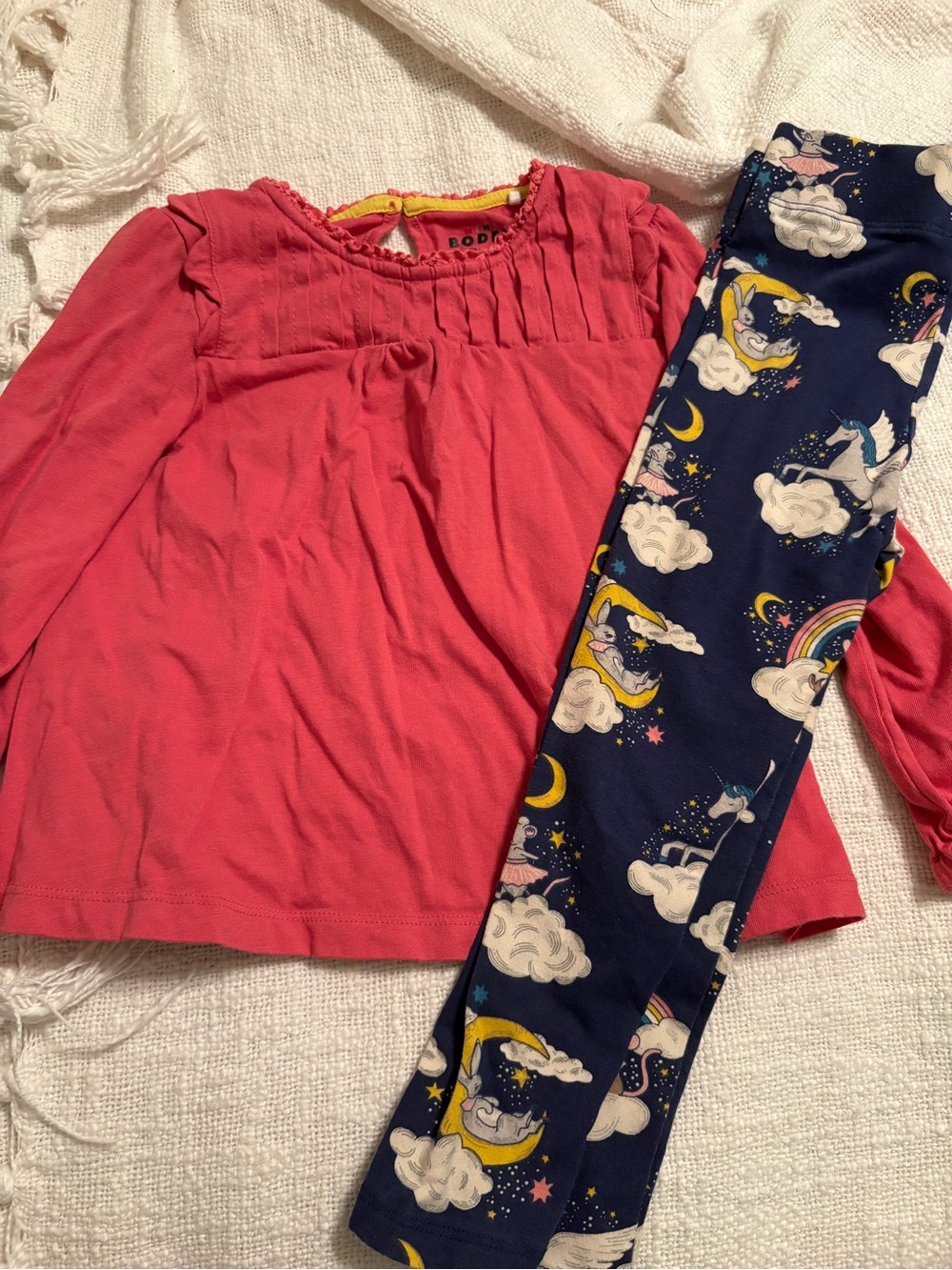 Mini Boden Girl's Pink Long-Sleeve Top & Navy Unicorn Leggings size 3-4